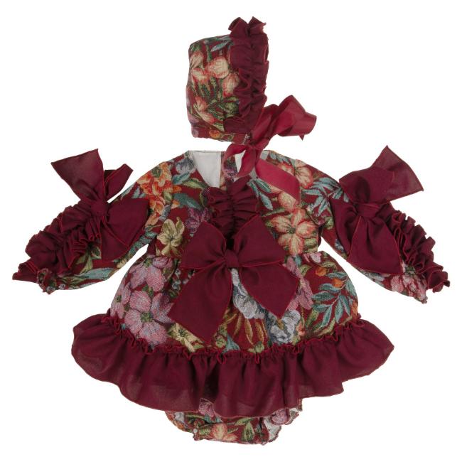 Picture of Ela Confeccion Girls Ruffle Flores Dress Panties Bonnet Set X 3 - Burgundy 