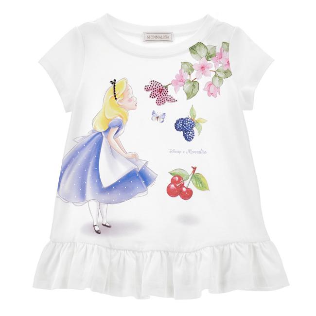 Picture of Monnalisa Girls Alice In Wonderland Ruffle Hem Tunic Top - White