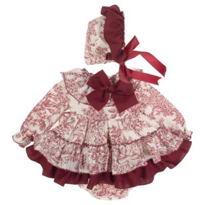 Picture of Ela Confeccion Girls Cartuja Dress Panties Bonnet Set X 3 - Burgundy