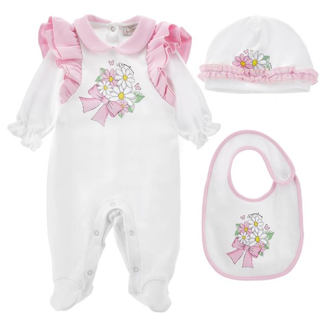 Picture of PRE-ORDER Monnalisa Bebe Girls Alice In Wonderland Babygrow, Hat & Bib Set - White Pink