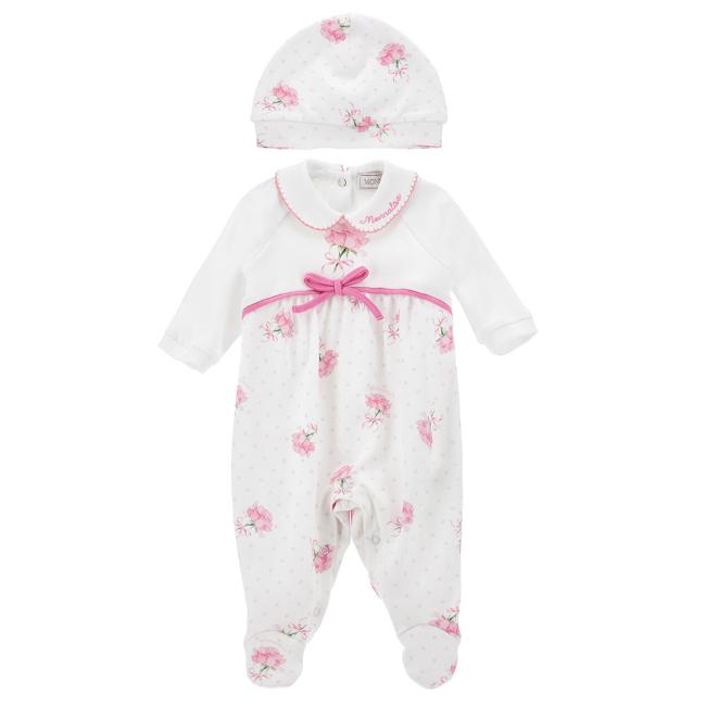 Picture of Monnalisa Bebe Girls Roses Babygrow & Hat Set - White Pink