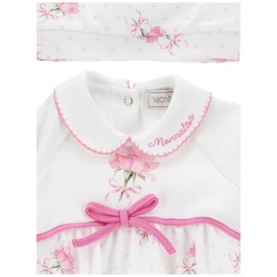 Picture of Monnalisa Bebe Girls Roses Babygrow & Hat Set - White Pink