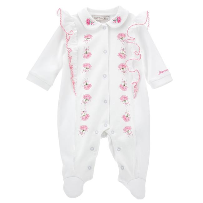 Picture of Monnalisa Bebe Girls Embroidered Roses Babygrow - White Pink