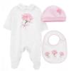 Picture of Monnalisa Bebe Girls Roses Babygrow, Hat & Bib Set - White Pink