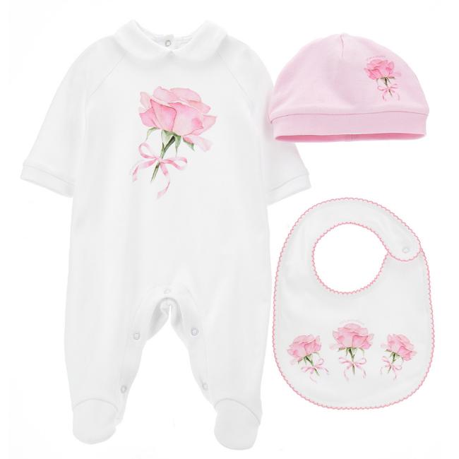 Picture of Monnalisa Bebe Girls Roses Babygrow, Hat & Bib Set - White Pink