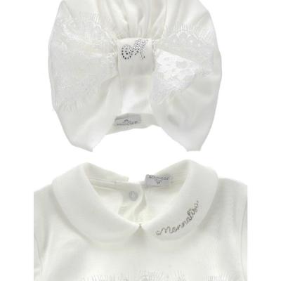 Picture of PRE-ORDER Monnalisa Bebe Girls Lace Bow Babygrow & Hat Set - Ivory