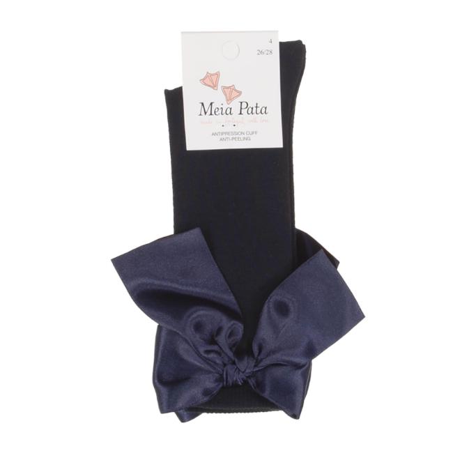 Picture of Meia Pata Extra Large Satin Bow Knee Socks - Navy Blue