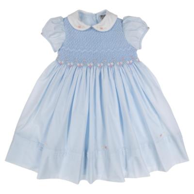 Picture of Sarah Louise Girls Smocked Bodice Puff Sleeve Dress - Pale Blue