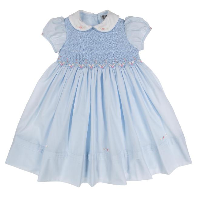 Picture of Sarah Louise Girls Smocked Bodice Puff Sleeve Dress - Pale Blue