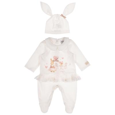 Picture of Jamiks Kids Baby Girls Naja Love Bunny Babygrow Hat Swaddle Set X 3 - Ivory Pink 