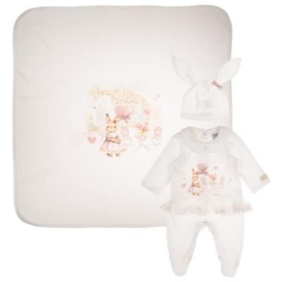 Picture of Jamiks Kids Baby Girls Naja Love Bunny Babygrow Hat Swaddle Set X 3 - Ivory Pink 