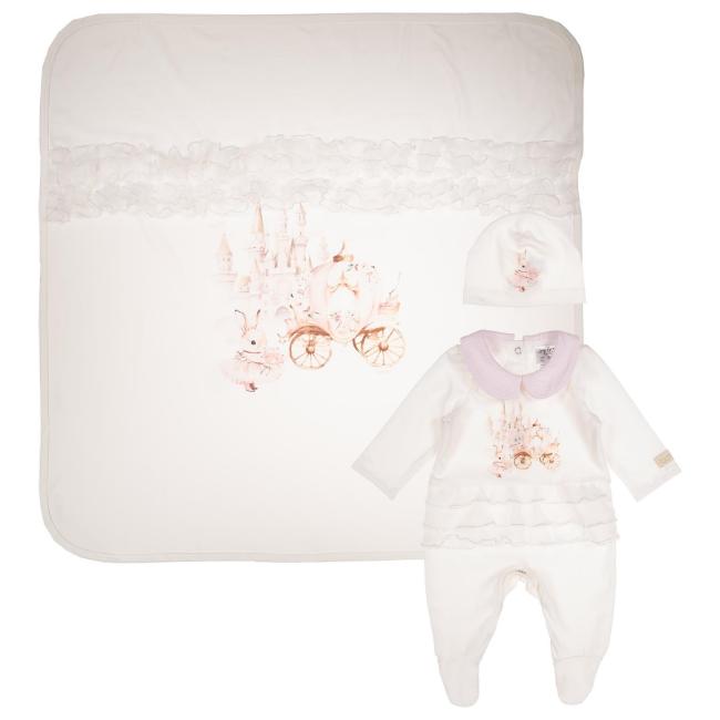 Picture of Jamiks Kids Baby Girls Teona Fairytale Bunny Babygrow Hat Swaddle Set X 3 - Ivory Pink 