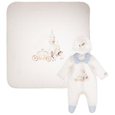 Picture of Jamiks Kids Baby Boys Ege Fairytale Babygrow Hat Swaddle Set X 3 - Ivory Pale Blue