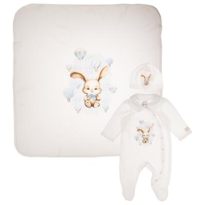 Picture of Jamiks Kids Baby Boys Robin Balloon Bunny Babygrow Hat Swaddle Set X 3 - Ivory Pale Blue 