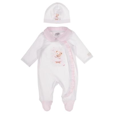 Picture of Jamiks Kids Baby Girls Neia Teddy Babygrow Hat Swaddle Set X 3 - White Pink