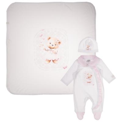 Picture of Jamiks Kids Baby Girls Neia Teddy Babygrow Hat Swaddle Set X 3 - White Pink