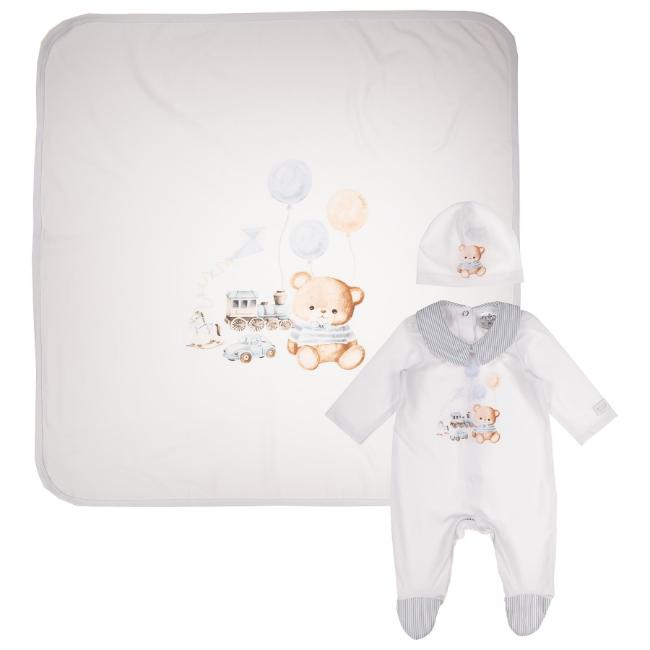 Picture of Jamiks Kids Baby Boys Otto Teddy Toys Babygrow Hat Swaddle Set X 3 - White Pale Blue