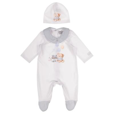 Picture of Jamiks Kids Baby Boys Otto Teddy Toys Babygrow Hat Swaddle Set X 3 - White Pale Blue