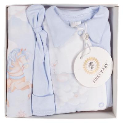 Picture of First Baby Boys Boxed Unicorn Print Babygrow Hat & Swaddle Set X 3 - Pale Blue