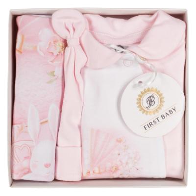 Picture of First Baby Girls Boxed Vintage Pram Print Babygrow Hat & Swaddle Set X 3 - Pink  