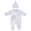 Picture of First Baby Boys Boxed Vintage Pram Print Babygrow Hat & Swaddle Set X 3 - Pale Blue