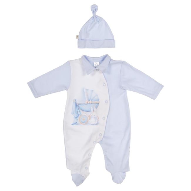 Picture of First Baby Boys Boxed Vintage Pram Print Babygrow Hat & Swaddle Set X 3 - Pale Blue