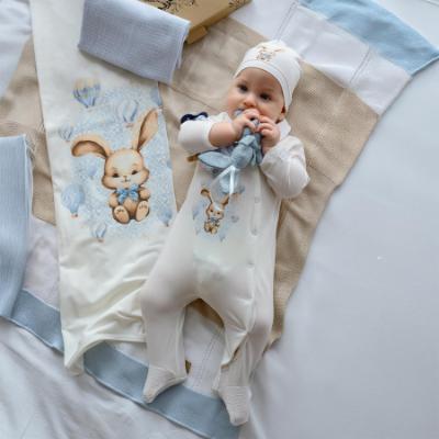 Picture of Jamiks Kids Baby Boys Robin Balloon Bunny Babygrow Hat Swaddle Set X 3 - Ivory Pale Blue 