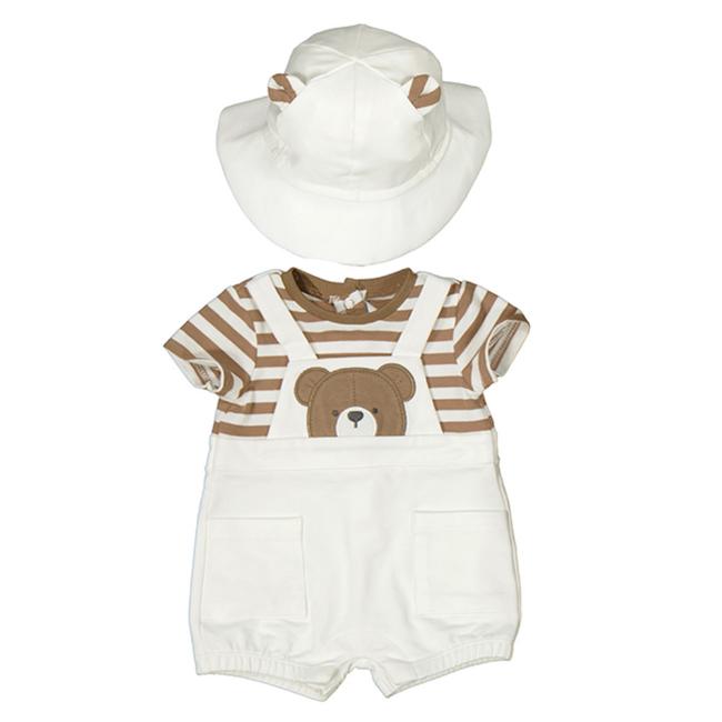 Picture of PRE-ORDER Mayoral Newborn Boys Teddy Dungaree & Hat Set - White Beige