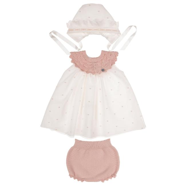 Picture of Granlei Baby Girls Dress Bonnet & Panties Set X 3 - Ivory Pale Pink