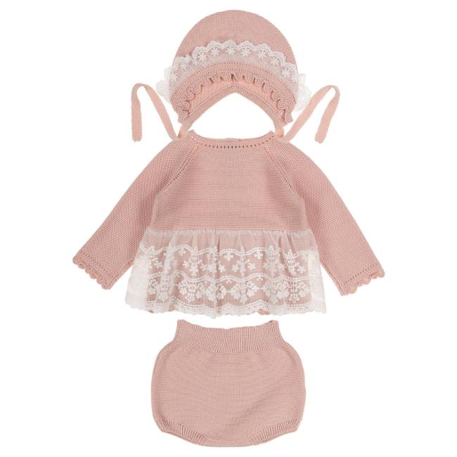 Picture of Granlei Baby Girls Knit & Lace Trim Jampant & Bonnet Set X 3 - Pale Pink Ivory