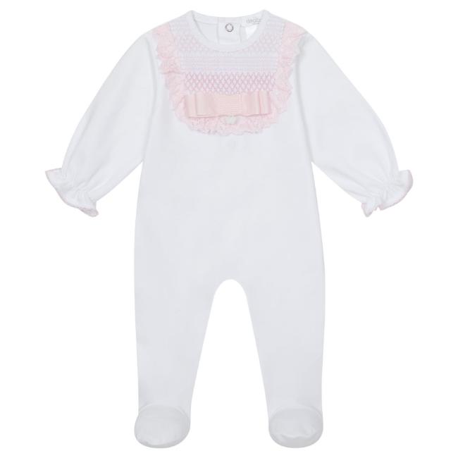 Picture of Deolinda Baby Bombon Smocked Ruffle Babygrow  - White Pink