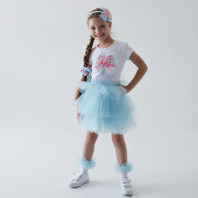 Picture of Daga Girls Magic Bow Applique Top & Tulle Skirt Set X 2 - White Aqua Blue 