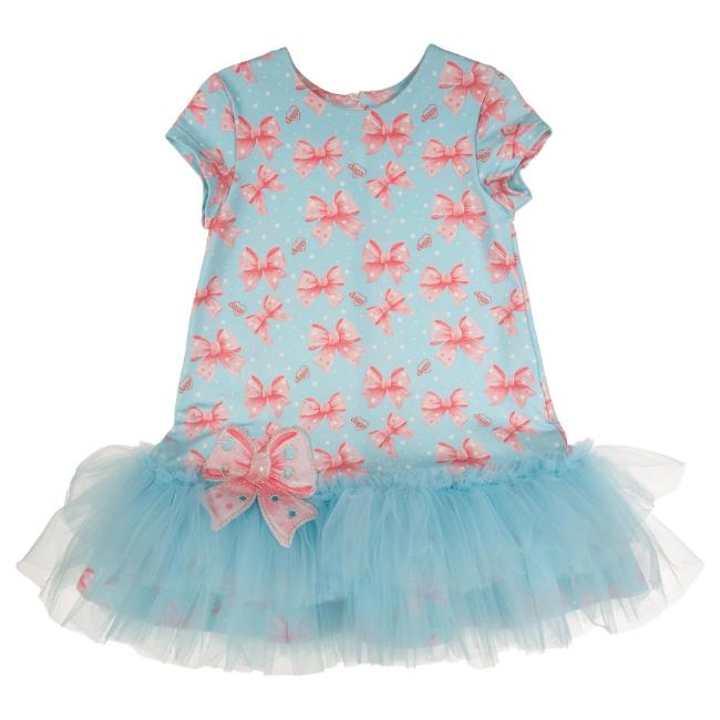 Picture of Daga Girls Magic Bow AOP Print Tulle Hem Dress  - Aqua Blue Coral Pink