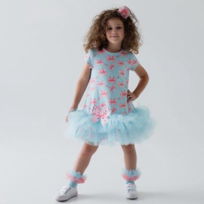 Picture of Daga Girls Magic Bow AOP Print Tulle Hem Dress  - Aqua Blue Coral Pink