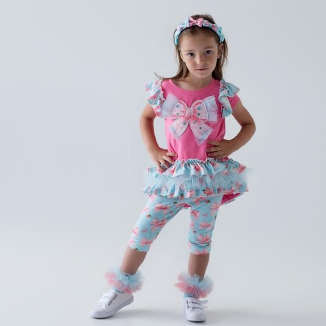 Picture of Daga Girls Magic Bow Ruffle Tunic & Print Legging Set X 2 - Fucsia Pink Aqua Blue 