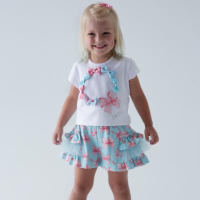 Picture of Daga Girls Magic Bow Applique Top & Ruffle Skorts Set X 2 - White Aqua Blue