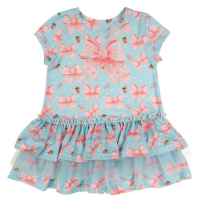 Picture of Daga Girls Magic Bow AOP Print Ruffle Hem Dress  - Aqua Blue Coral Pink