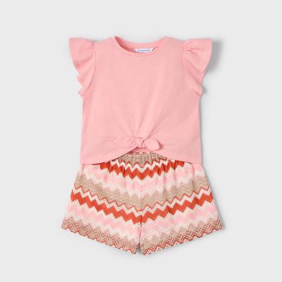 Picture of Mayoral Girls Summer Ruffle Crop Top & Zig Zag Shorts Set X 2 - Salmon Pink