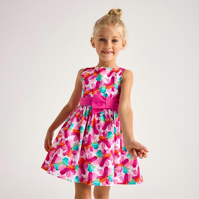 Picture of Mayoral Girls Summer Sleeveless Floral Print Occasion Dress - Magenta Pink