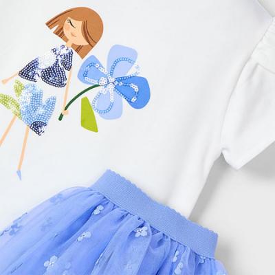 Picture of Mayoral Girls Summer T-shirt & Tulle Skirt Set X 2 - White Anil Blue