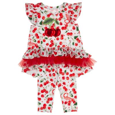 Picture of PRE ORDER Daga Girls Fluffy Cherries Ruffle Tunic & Capri Leggings Set X 2 - White Red