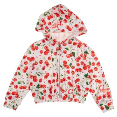 Picture of Daga Girls Fluffy Cherries AOP Print Hooded Bomber Jacket - White Red