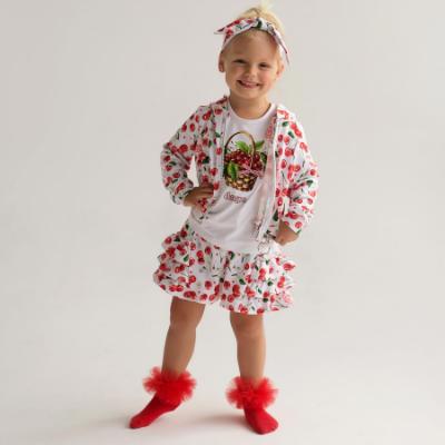 Picture of Daga Girls Fluffy Cherries AOP Print Hooded Bomber Jacket - White Red