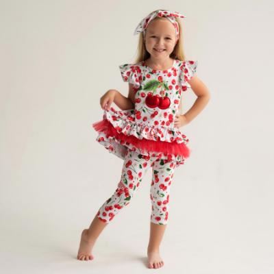 Picture of PRE ORDER Daga Girls Fluffy Cherries Ruffle Tunic & Capri Leggings Set X 2 - White Red