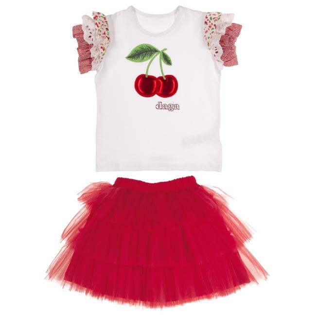 Picture of PRE ORDER Daga Girls Fluffy Cherries Applique Top & Tulle Skirt Set X 2 - White Red