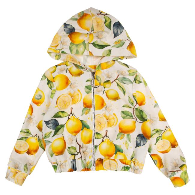 Picture of PRE ORDER Daga Girls Sunny Lemons AOP Print Hooded Bomber Jacket - Ivory Yellow