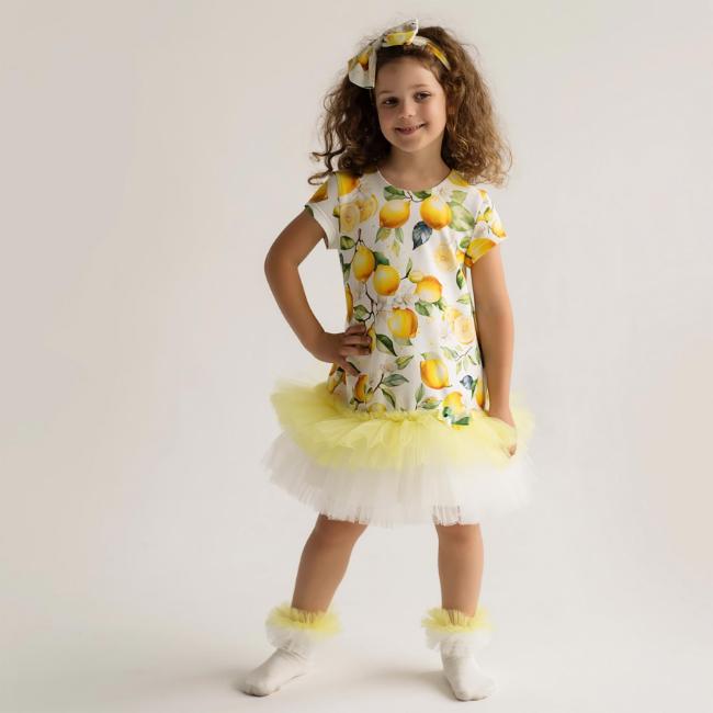 Picture of PRE ORDER Daga Girls Sunny Lemons AOP Tulle Hem Dress  - Ivory Yellow