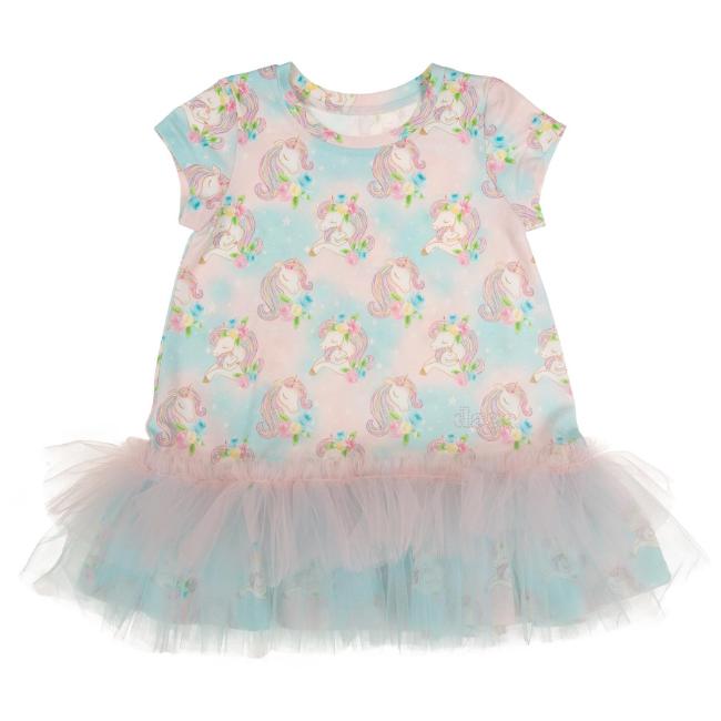 Picture of Daga Girls Unicorn AOP Print Tulle Hem Dress  - Blue Pink