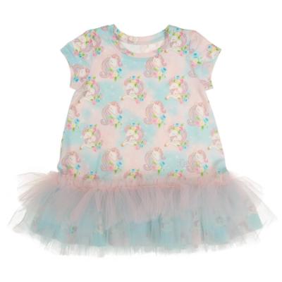 Picture of PRE ORDER Daga Girls Unicorn AOP Print Tulle Hem Dress  - Blue Pink