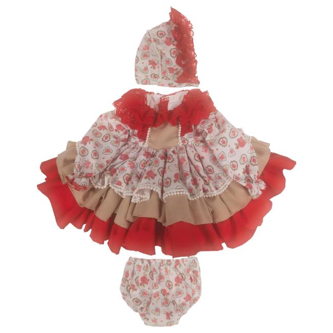 Picture of Ela Confeccion Girls Valentine Dress Panties Bonnet Set X 3 - Red Beige